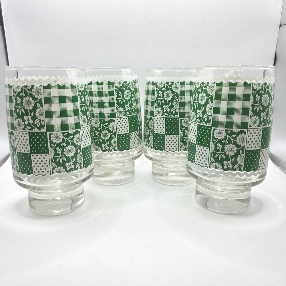 Vintage Libbey Green White Patchwork Floral Gingham Footed Juice Glasses Set 4